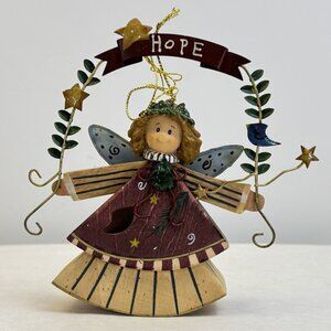 Hand-Painted Wooden Angel Ornament With "Hope" Banner Metal Wings Leaf Accents